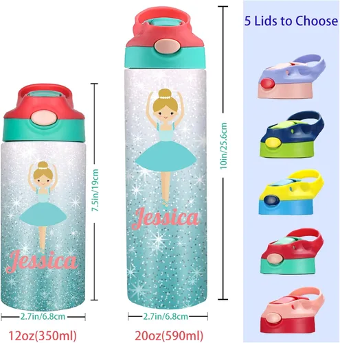Vista 4 de Botellas de agua personalizadas de bailarina de regalo para niños, 20 onzas con nombre y pajita, tazas de acero inoxidable aisladas de acero