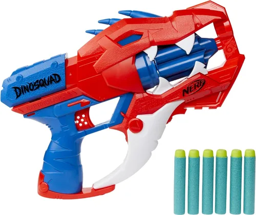 Vista 3 de Nerf DinoSquad Raptor-Slash Blaster, tambor giratorio de 6 dardos, fuego de golpe, diseño de dinosaurio velociraptor