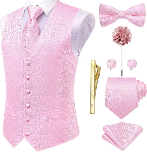 Vista 7 de Hi-Tie Chaleco de traje de seda para hombre, corbata y corbatín de solapa, clip de corbata dorado, chaleco floral de cachemira, 8 piezas, conjunto