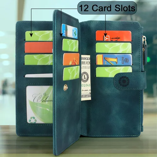 Vista 3 de Harryshell Funda de cuero desmontable con cremallera magnética con bolsillo para monedas para efectivo, 12 ranuras para tarjetas, correa de muñeca