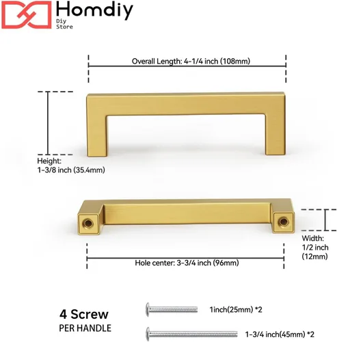 Vista 2 de Homdiy Paquete de 30 tiradores de bronce cepillado dorado de 3- 1/2 pulgada, cuadrados, herrajes para gabinete de cocina, armarios; 3- 1/2 pulgadas