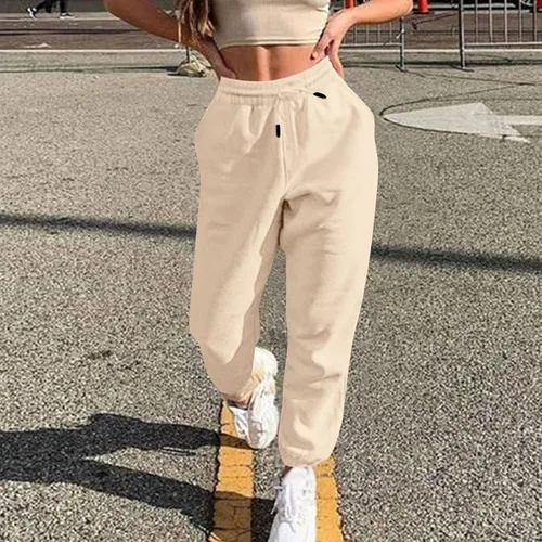 Vista 2 de Pantalones deportivos holgados de cintura alta para mujer, pantalones de otoño con parte inferior de cincha con bolsillos, pantalones deportivos