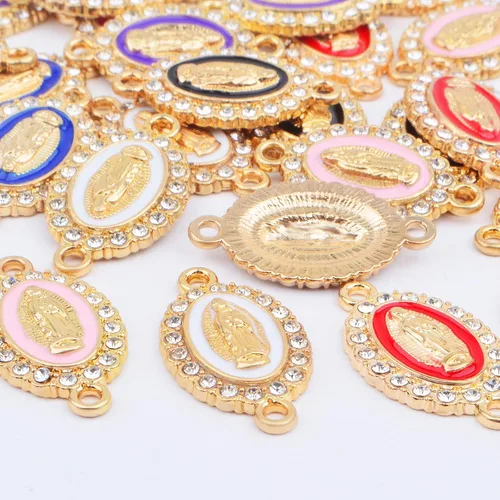 Vista 4 de 30 dijes de aleación esmaltados de la Virgen María, diamantes de imitación de Nuestra Señora, Medalla Milagrosa, Dijes de Crucifijo de conexión