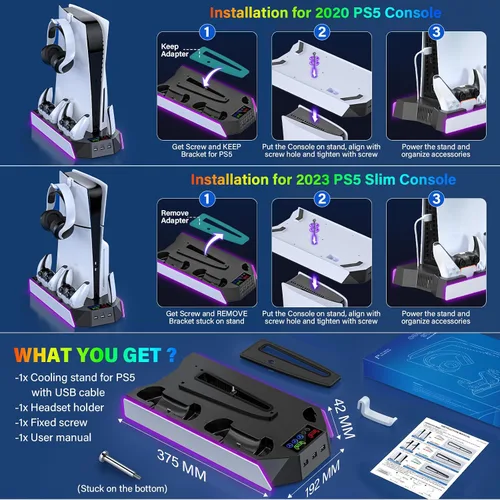 Vista 6 de PS5/PS5-Slim-Estación de refrigeración con controlador de carga para consola PlayStation 5/Digital, soporte de refrigeración de luz LED