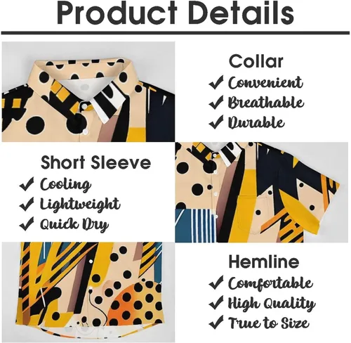 Vista 5 de Liohans Camisa hawaiana retro colorida de manga corta con patrón de Memphis geométrico 3D estampado botón camisa