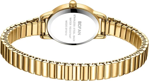Vista 3 de BOFAN Relojes pequeños de oro para mujer, relojes de pulsera de cuarzo de fácil lectura con banda de expansión de acero inoxidable, resistente al