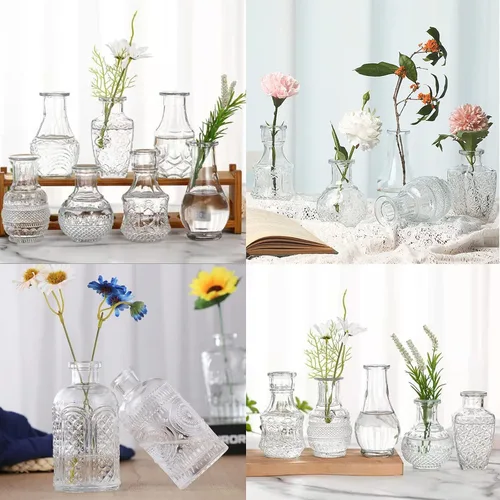 Vista 7 de Juego de 24 jarrones de vidrio a granel con 2 pinceles, jarrones de vidrio para centros de mesa, decoración vintage de boda transparente a granel