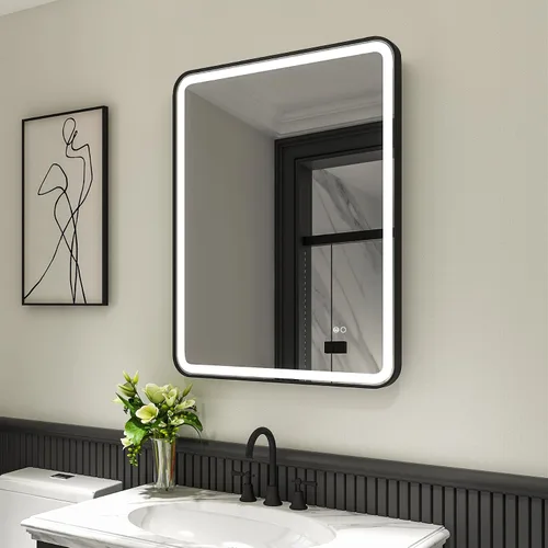 Vista 10 de WELLFOR Espejo LED enmarcado de 48 pulgadas de ancho x 36 pulgadas de largo, espejo rectangular de esquina redondeada de metal con luces para baño