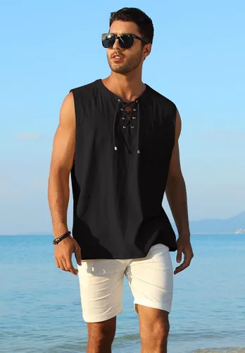 Vista 4 de KUYIGO Camisetas sin mangas de lino y algodón para hombre, estilo casual, con cordones, para playa, hippie