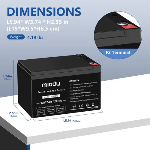 Vista 2 de Miady Batería de ácido plomo sellada recargable de 12V 7Ah (1 paquete)