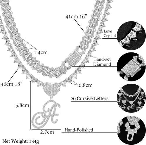 Vista 6 de DLSIXNCO Cadena de eslabones cubanos de plata para mujer, collares en capas con iniciales cursivas en forma de corazón, collar con colgante
