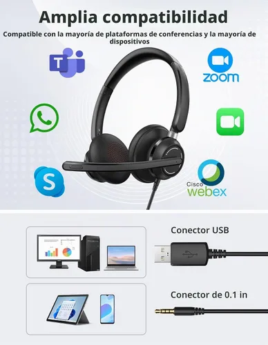 Vista 7 de Auriculares con cable con micrófono para PC, computadora portátil, auriculares USB con micrófono de cancelación de ruido, control en línea