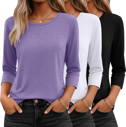 Vista 7 de Ficerd Paquete de 3 camisetas de manga 3/4 para mujer, cuello redondo, camisetas básicas elegantes, casuales, modernas, holgadas