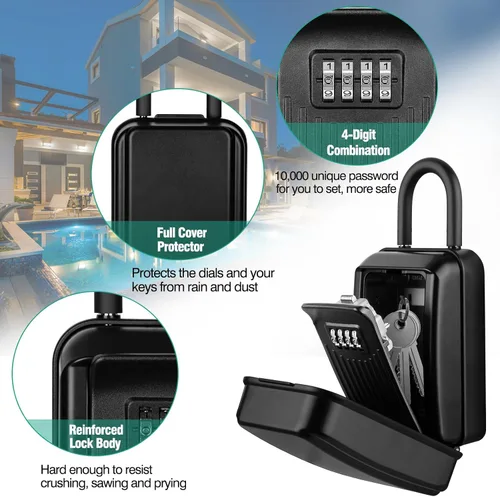 Vista 2 de HUANLANG Caja de seguridad para llaves para exterior, caja de bloqueo de llave de repuesto para manija de puerta, impermeable, 4 dígitos, código