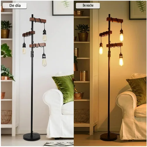 Vista 5 de Lámpara de pie industrial regulable, lámpara de pie de árbol de granja, lámpara de pie de madera de 68 pulgadas, 3 luces, base resistente, luz