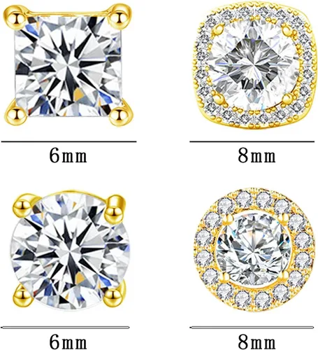 Vista 2 de NEWITIN 4 Pairs Flat Back Stud Earrings for Men Cubic Zirconia Halo Earring Dorado (Gold A)