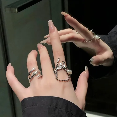 Vista 7 de Y2k - Juego de anillos de piedra lunar con diamantes de imitación, diseño de ágata irregular, para mujer