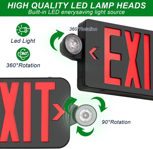 Vista 4 de OSTEK Señal de salida LED rojo con luces de emergencia, dos luces LED de salida de emergencia de cabeza ajustable con batería de respaldo, doble