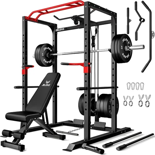 Vista 14 de Jaula de potencia JELENS, banco multifunción S11 con capacidad de 2000LBS, barra para sentadillas con sistema de poleas ajustable y más accesorios