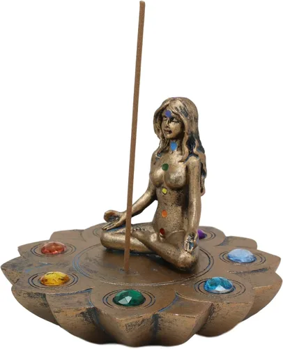 Vista 3 de Ebros Gift Luna sagrada Femenina Triple Diosa Yoga Meditación con Zona de Chakra Cuentas de Color Flor de loto Incienso Soporte para quemador Figura