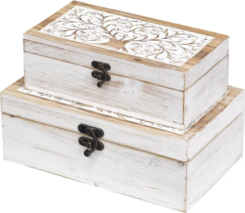 Vista 10 de 2 cajas de recuerdo de madera tallada con tapa con árbol de la vida, cajas de almacenamiento decorativas para decoración del hogar, caja