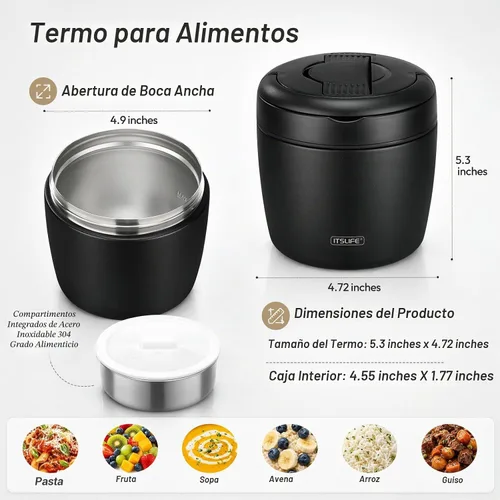Vista 3 de Termo de sopa para comida caliente, contenedor de almuerzo aislado de acero inoxidable de 32 onzas, termo de boca ancha para sopa y alimentos Negro