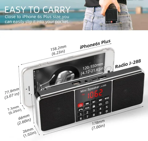 Vista 2 de PRUNUS J-288 Radio portátil AM FM Radio con altavoz Bluetooth, temporizador de sueño, pantalla de ahorro de energía, antena ultra larga, entrada AUX