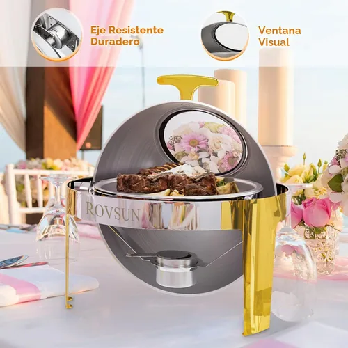 Vista 4 de ROVSUN Platos de Roce con Parte Superior Enrollable para Buffet 6QT, Juego de Platos de Roce Redondos de Acero Inoxidable para Buffet, Juego