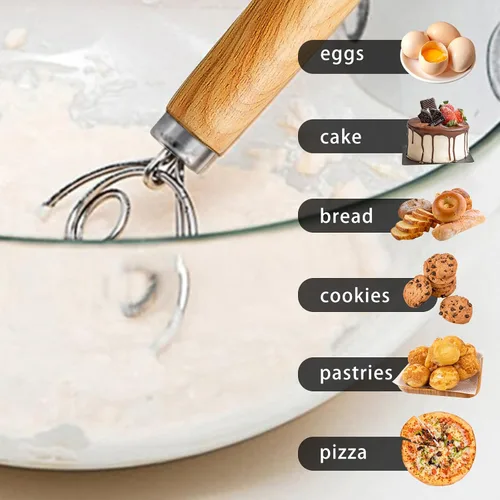 Vista 8 de TEEVEA Batidor de masa danesa Mango de madera de acero inoxidable para hornear pan de pizza de masa madre