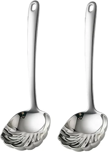 Vista 10 de Gold - Juego de 2 cucharones de sopa de acero inoxidable 18/10 de alta calidad con diseño artístico en forma de concha, cucharón pequeño de 9