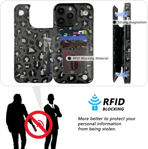 Vista 4 de Funda tipo cartera de piel con tapa compatible con iPhone 13 Pro Max de 6.7 pulgadas, para mujeres y niñas con tarjetero y doble cierre magnético