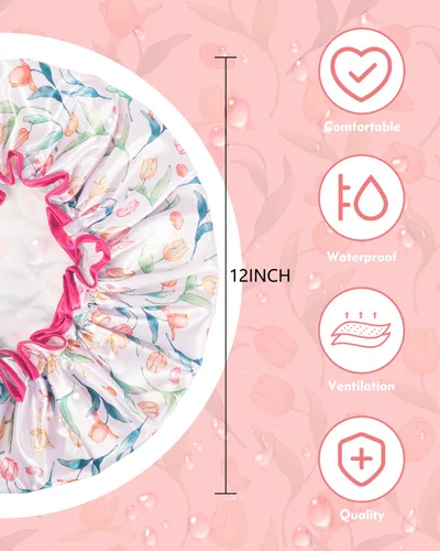 Vista 3 de Aquior Gorro de ducha para mujer, impermeable, reutilizable, con elástico suave, tamaño grande para cabello largo, bonito gorro de baño para ducha