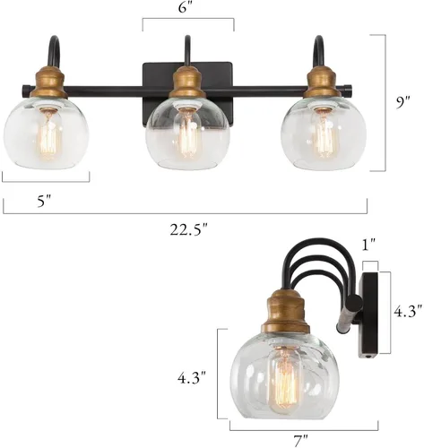 Vista 4 de KSANA Luminaria de Baño Estilo Granja, Lámpara de Tocador Moderna Negro Dorado de 3 Luces con Pantalla de Vidrio Transparente Abierta, Lámpara