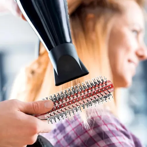 Vista 6 de Peine redondo con mango de madera original hecho de madera de haya pura, cerdas de nailon suaves, para todos los estilos de cabello, cepillo
