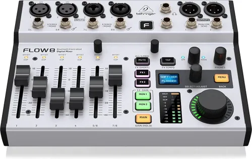 Vista 4 de Behringer FLOW 8 Mezclador Digital de 8 Entradas con Audio Bluetooth y Control de Aplicación, Faders de Canal de 60 mm, 2 Procesadores de FX e