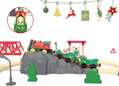 Vista 5 de Juego de tren eléctrico para pistas de madera, juguete de trenes a batería con luces y sonidos para niños pequeños, tren motorizado para niños