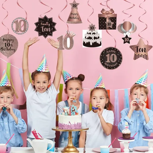 Vista 5 de Decoraciones colgantes de techo de remolinos de 10 años, 10 espirales colgantes de papel de aluminio con recortes para 10 años de edad, suministros