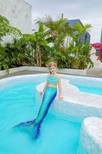 Vista 5 de DNFUN Traje de baño de sirena de 3 piezas para niñas, con cola de sirena, sin monoaleta
