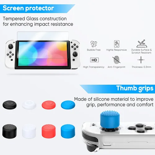Vista 5 de Upgraded Dockable Case for Nintendo Switch OLED, MENEEA Clear Protective Case for Nintendo Switch with Tempered Glass Screen Protector & 8 Thumb