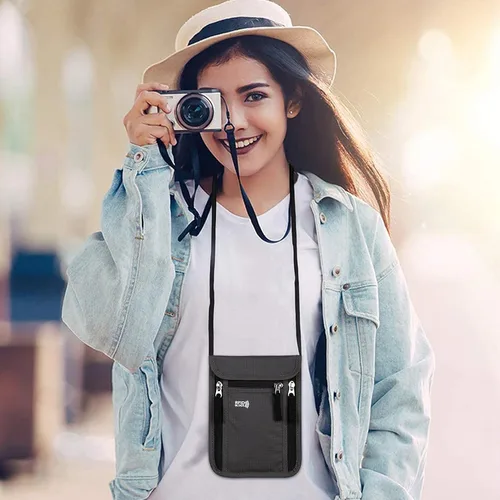 Vista 2 de Bolsa de viaje para el cuello, cartera para pasaporte familiar, funda organizadora con bloqueo RFID