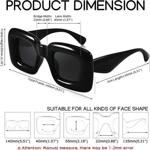 Vista 6 de FEISEDY Lindas gafas de sol cuadradas infladas para mujeres y hombres, modernas de gran tamaño, marco grueso, divertidas sombras estéticas B9097