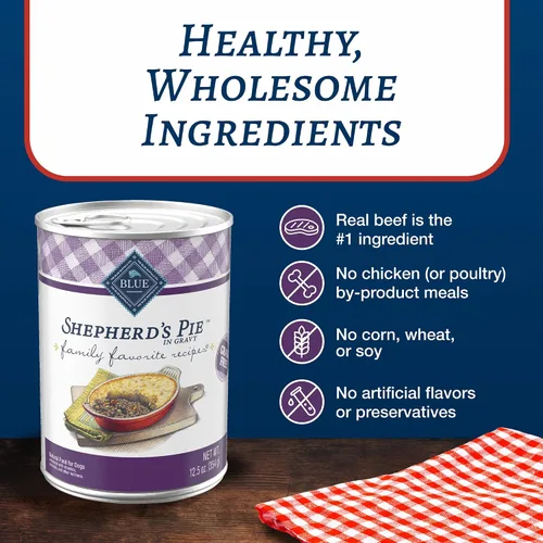 Vista 4 de Blue Buffalo Family Favorites - Alimento húmedo para perros adultos, hecho con ingredientes naturales, pastel de pastor, lata de 12.5 onzas