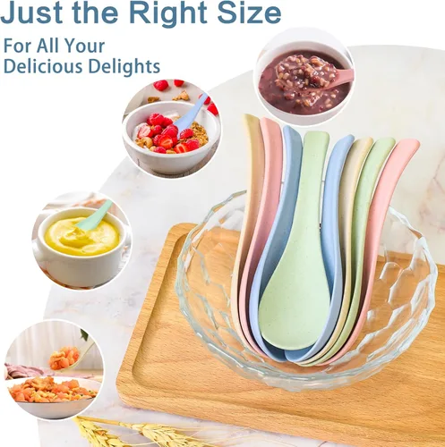 Vista 4 de Lnrkai - 8 cucharas de plástico para cena, cuchara de sopa reutilizable portátil, multicolor, ligera, duradera, apta para lavavajillas y microondas