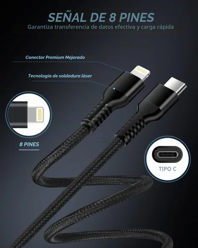 Vista 3 de Cable Lightning USB C para iPhone 14 13 Pro Max certificado por Apple Power Tipo C
