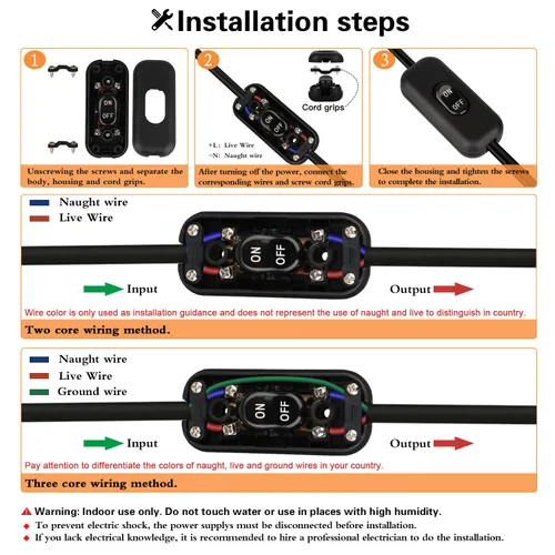 Vista 5 de Helunsi - Paquete de 2 interruptores en línea negros, interruptor de encendido/apagado de cable de lámpara Interruptores de luz en línea