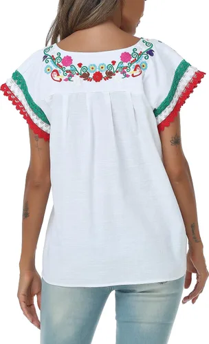 Vista 7 de YZXDORWJ Blusa tradicional colorida con encaje bordado mexicano para mujer, camiseta tricolor para el día de la independencia mexicana