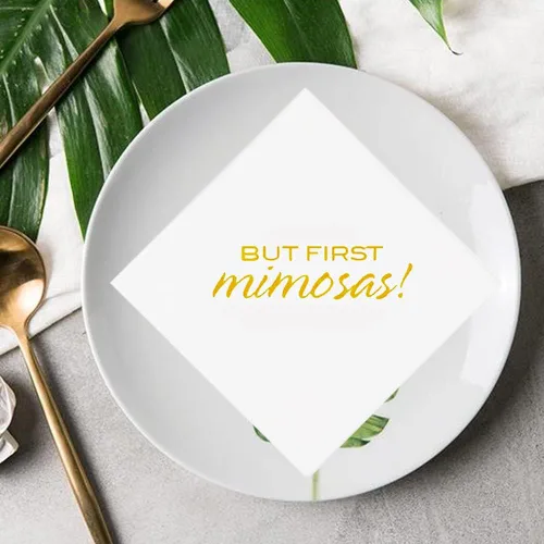 Vista 7 de But First Mimosas - Servilletas de cóctel, paquete de 100 servilletas de papel desechables doradas pero primeras mimosas, para compromiso, boda