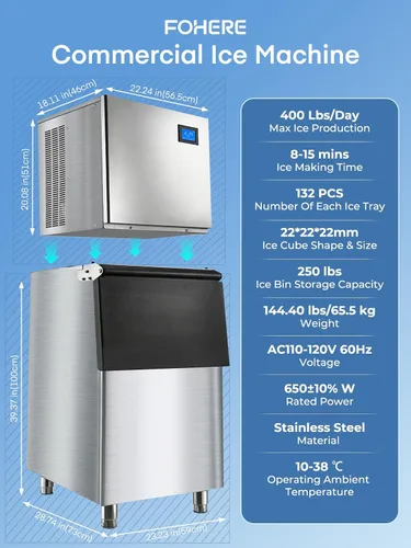 Vista 9 de Máquina comercial para hacer hielo de 400 libras/24 horas, contenedor de almacenamiento de acero inoxidable de 250 libras, 132 cubitos de hielo