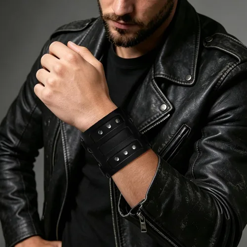 Vista 3 de HZMAN Anillo de Aleación para Hombre Pulsera Brazalete Puño de Cuero Genuino Tono Plateado Ajustable Negro