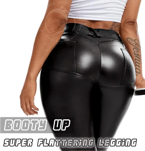 Vista 5 de SEASUM Leggings de piel sintética para mujer elásticos de cintura alta levantamiento de glúteos color negro pantalones de piel sintética sexy